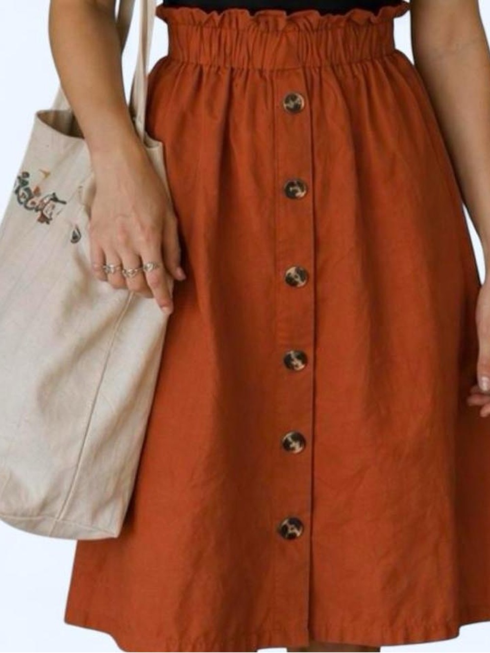 Source Unknown Rust Button-Front Paperbag Waist A-Line Midi Skirt